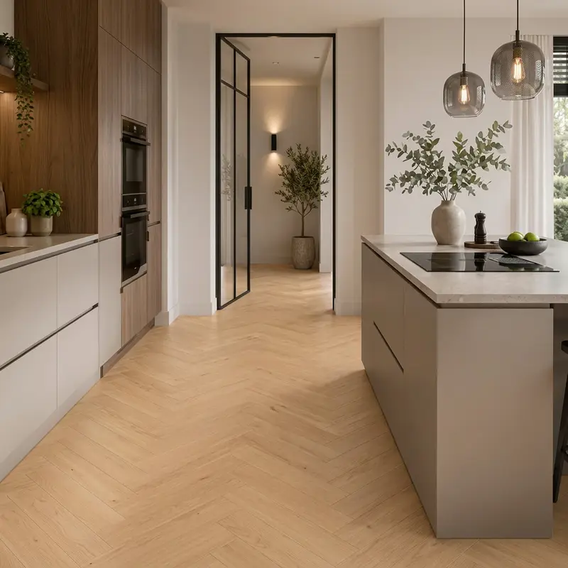 Visgraat in keuken en hal Moderne keuken met kookeiland en een PVC visgraatvloer in naturel eiken