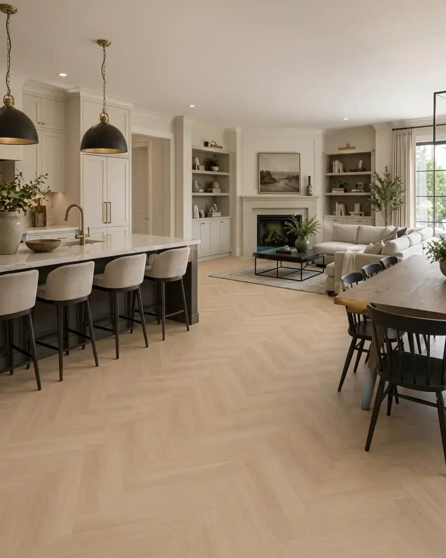 PVC vloeren leveren & leggen Lichte PVC visgraatvloer in een open keuken met woonkamer