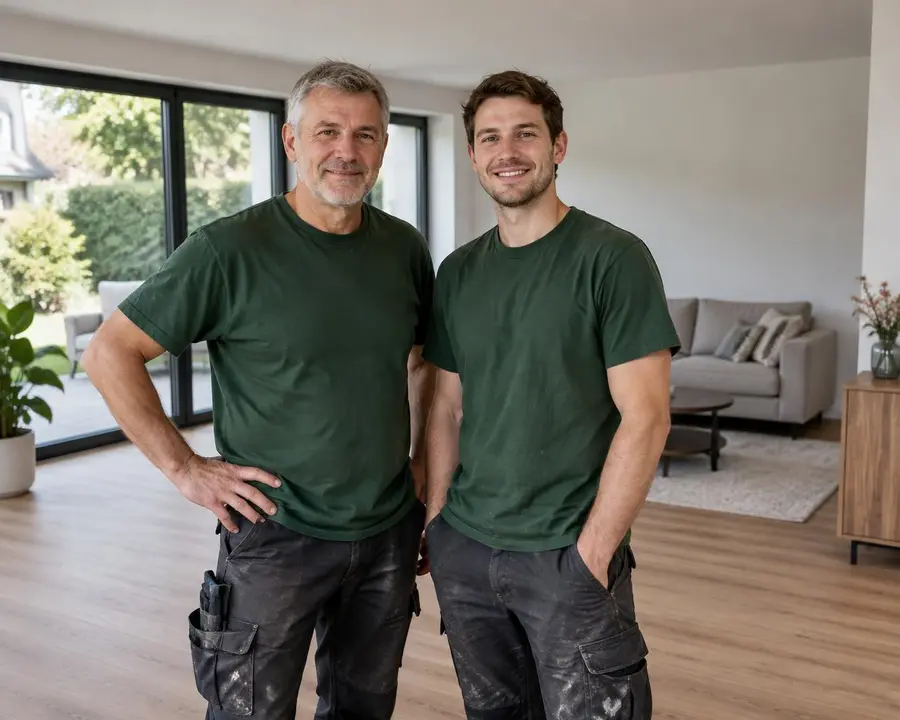 Vader en zoon van GekVanVloeren.nl Vader en zoon van GekVanVloeren.nl in een woonkamer met een net gelegde PVC vloer